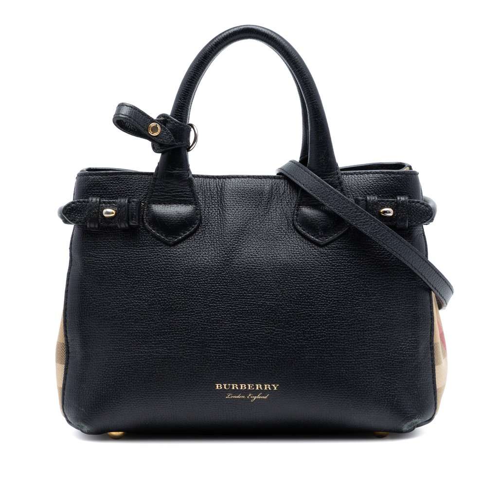 Burberry Small Derby Calfskin and House Check Banner Satchel Black Leather Very good condition - Front View