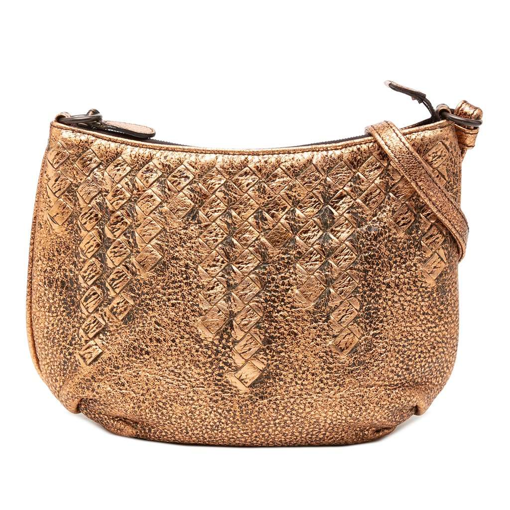 Bottega Veneta Intrecciato Trimmed Metallic Leather Crossbody Gold Leather Very good - Front View