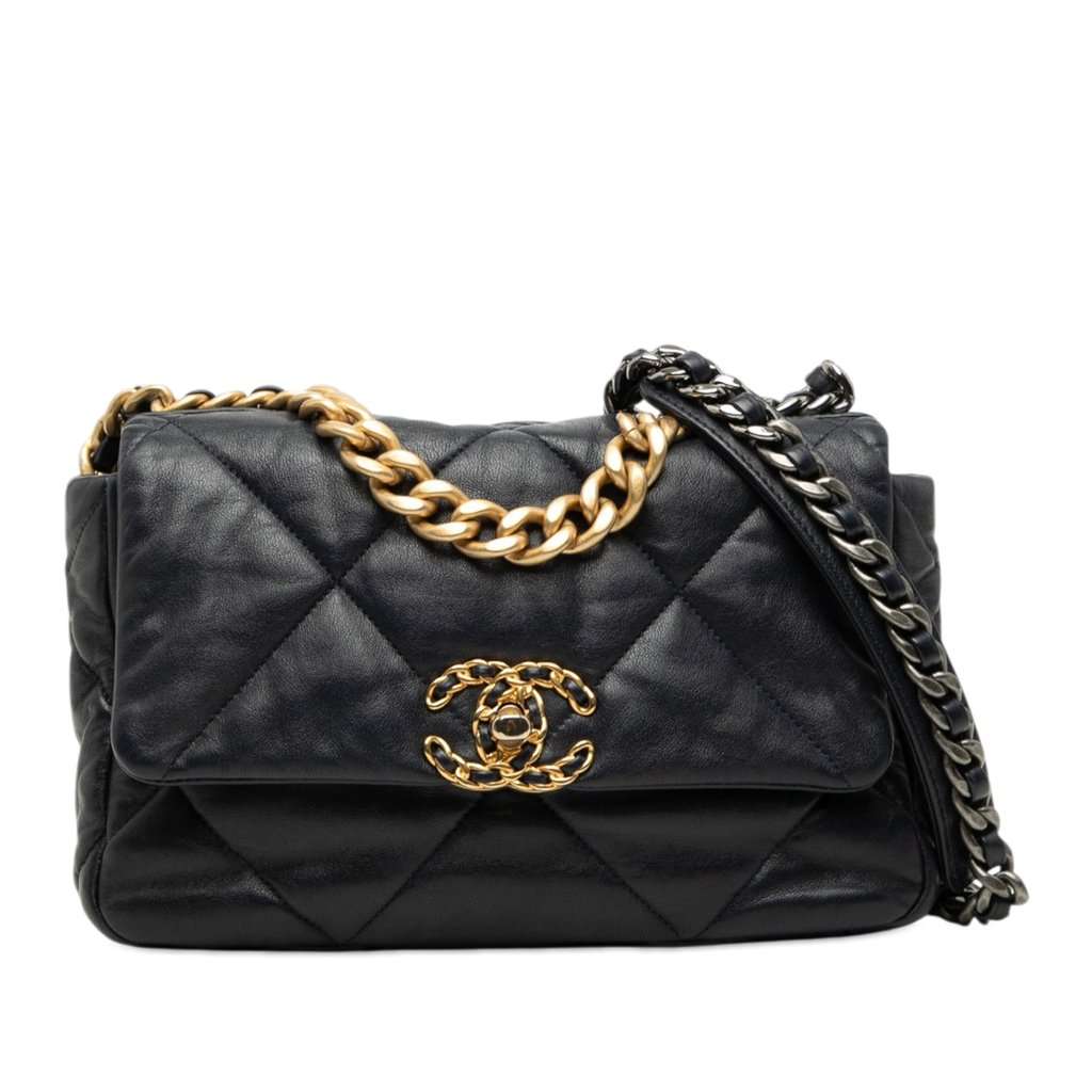 Chanel Medium Lambskin 19 Flap Blue Leather Very good - Front View