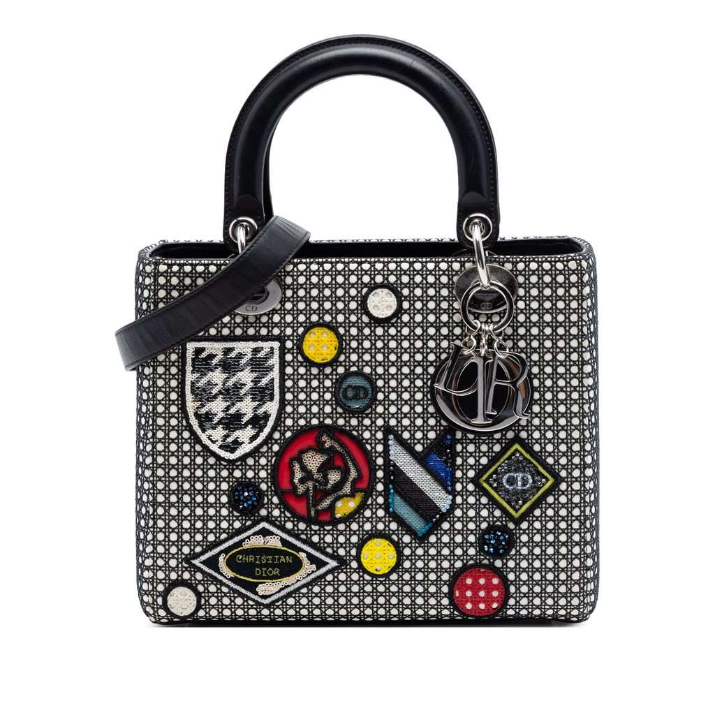 Dior Medium Calfskin Mesh Microcannage Patches Lady Dior Black Leather Very good condition - Front View
