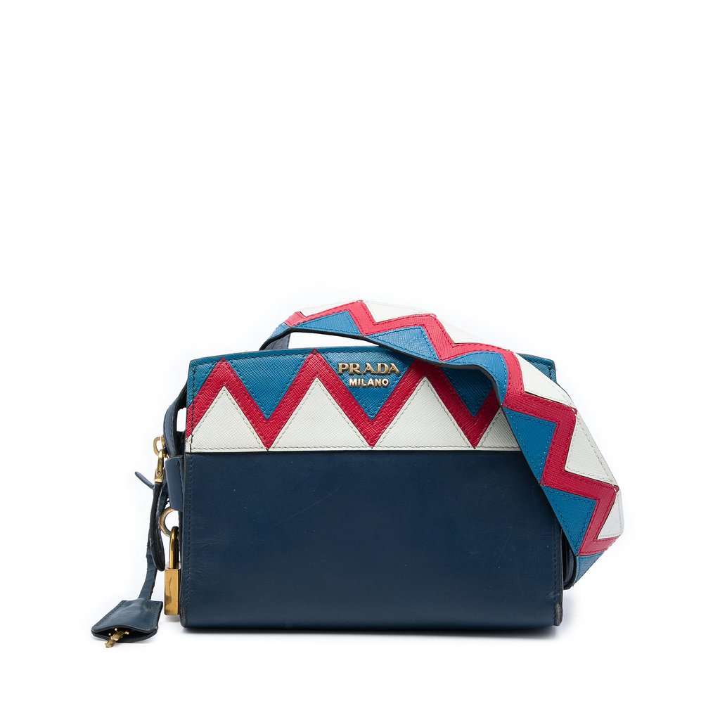 Prada Medium Saffiano Trimmed City Calf Greca Esplanade Crossbody Blue Leather Very good - Front View
