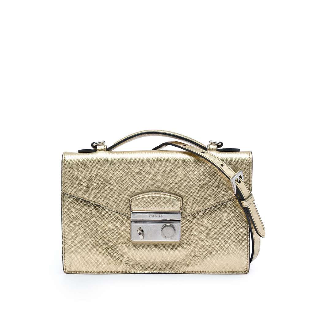 Prada Saffiano Sound Lock Satchel Gold Leather Very good - Front View