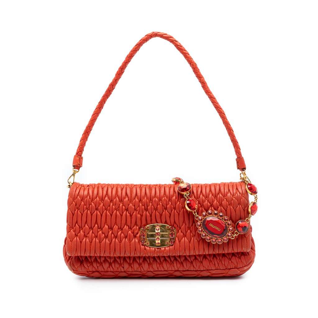 Miu Miu Matelasse Nappa Crystal Chain Satchel Orange Leather Very good - Front View