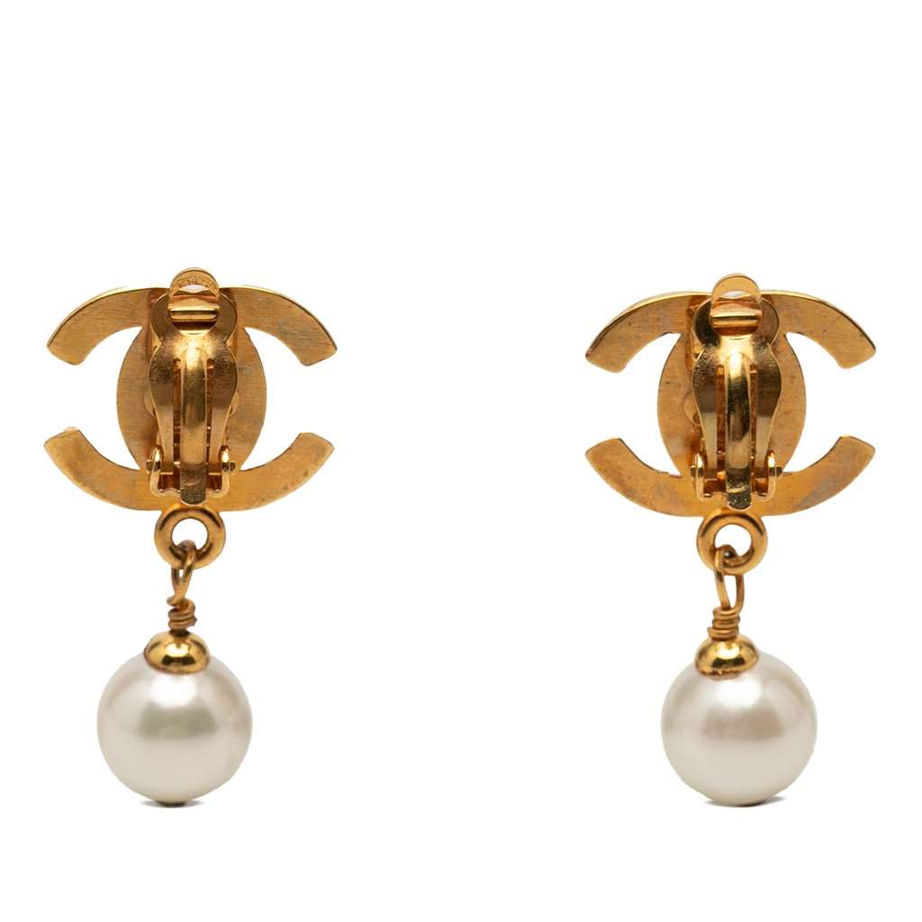 Chanel CC Gold Plated Turnlock Faux Pearl Drop Clip On Earrings Gold Metal Very good condition - Back View