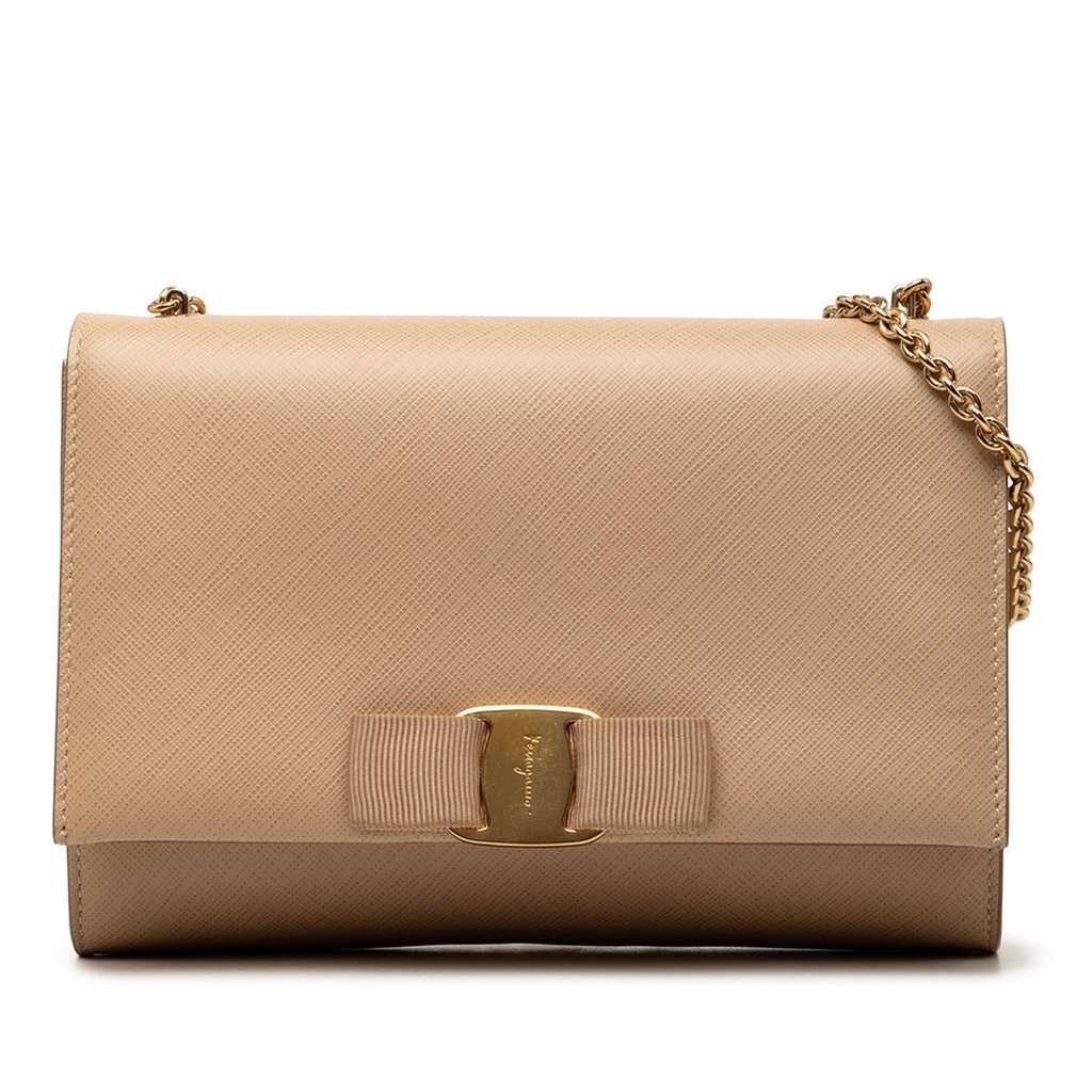 Salvatore Ferragamo Leather Vara Bow Chain Crossbody Beige Leather Very good condition - Front View