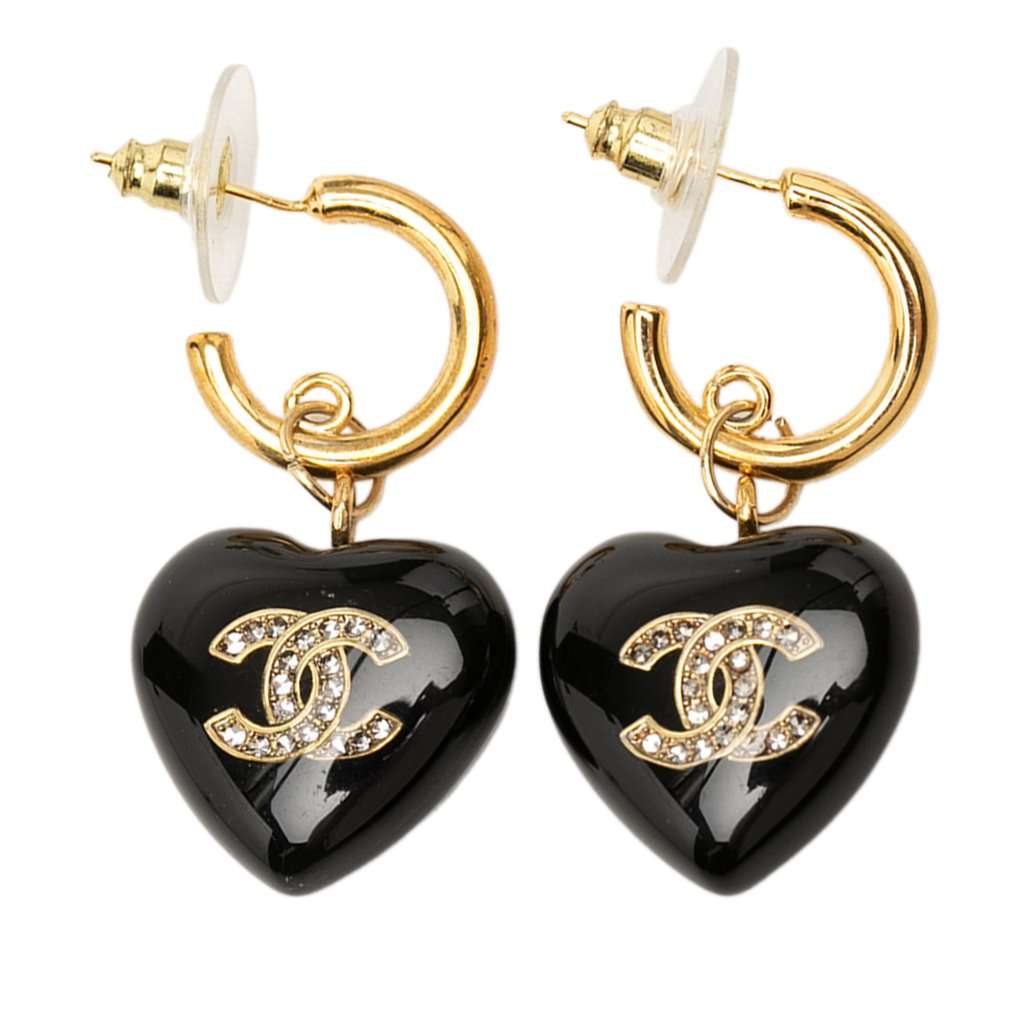Chanel CC Gold Plated Resin and Strass Heart Drop Push Back Earrings Black Plastic Very good condition - Front View