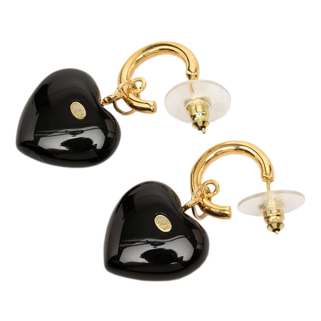Chanel CC Gold Plated Resin and Strass Heart Drop Push Back Earrings Black Plastic Very good condition - Back View