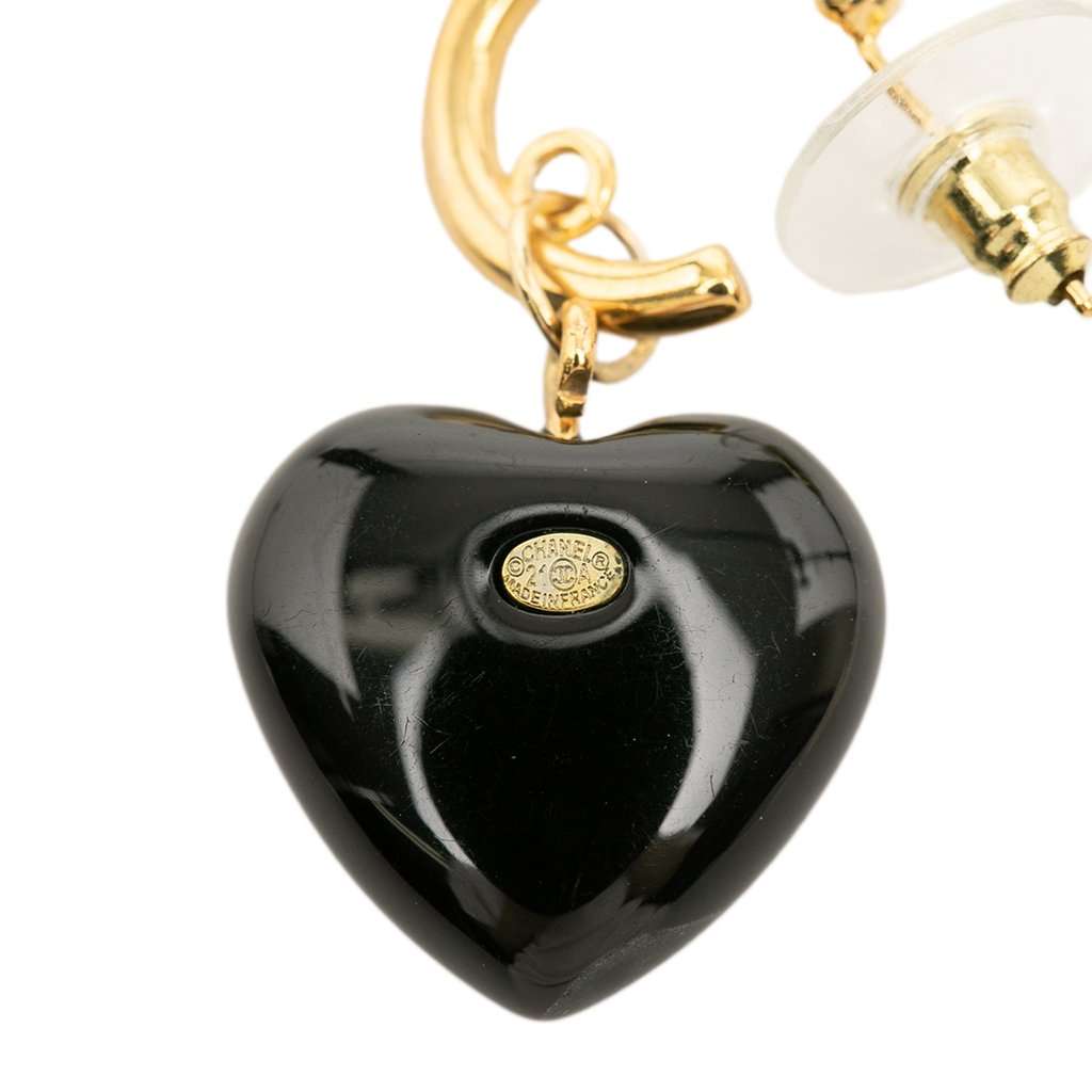 Chanel CC Gold Plated Resin and Strass Heart Drop Push Back Earrings Black Plastic Very good condition - Inside View