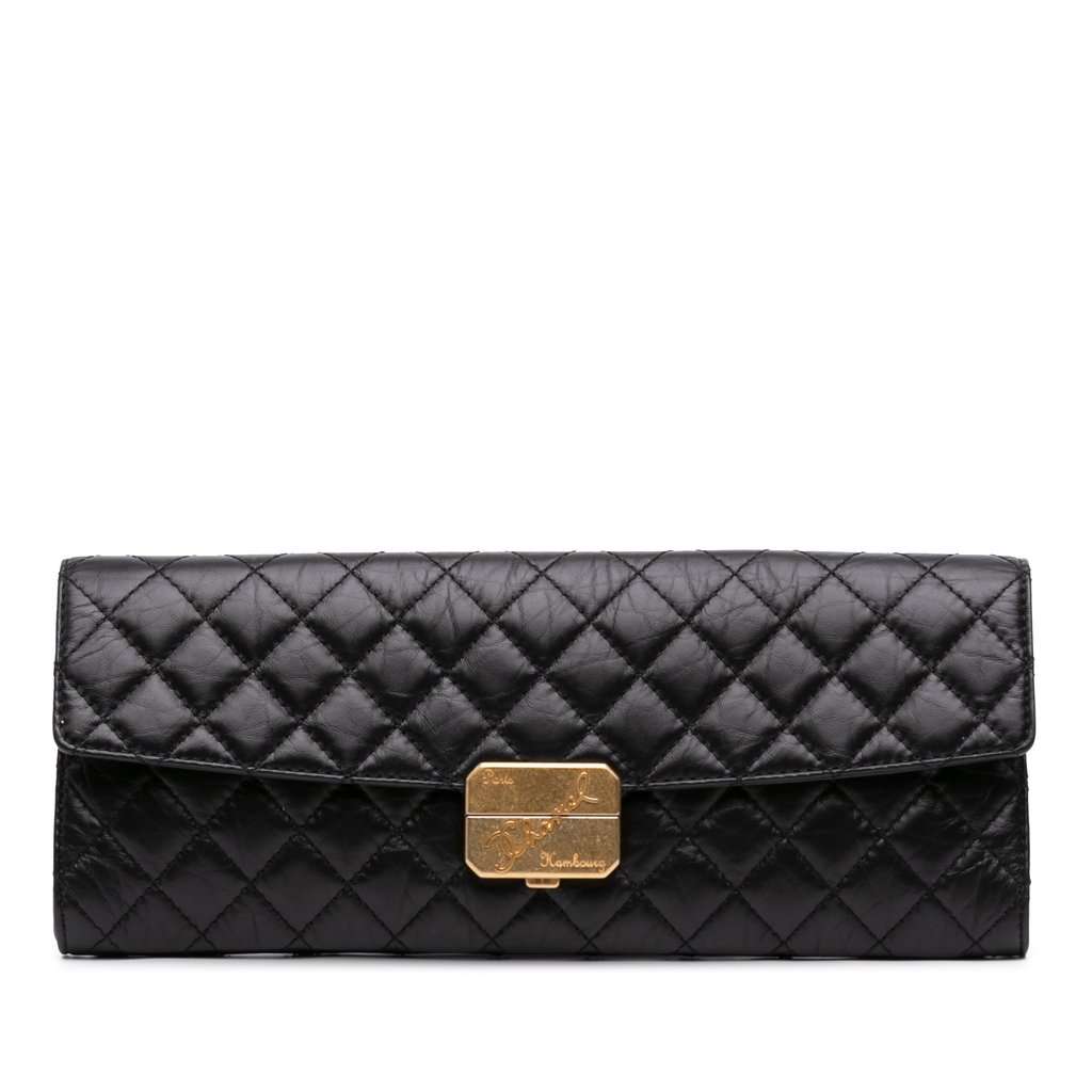 Chanel Paris Hamburg Quilted Aged Calfskin Clutch Black Leather Very good condition - Front View