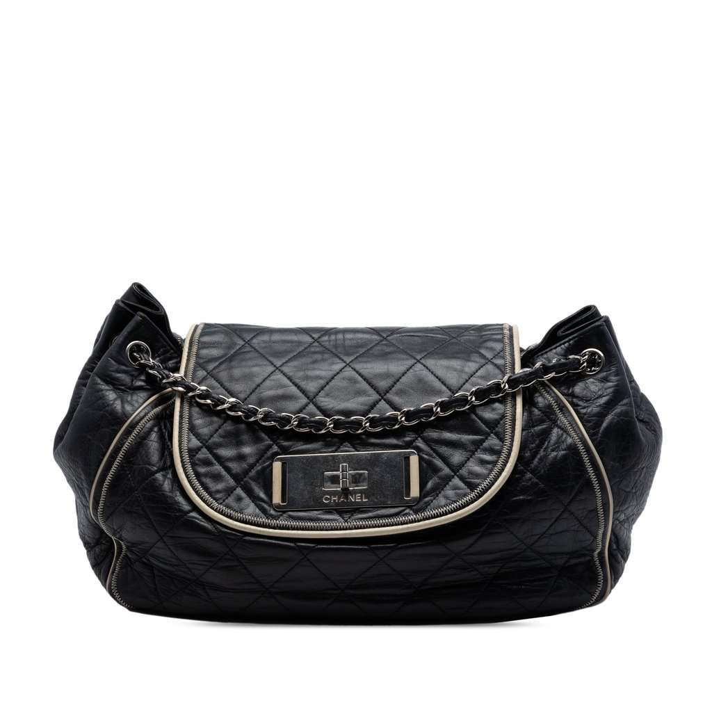 Chanel Quilted Lambskin East West Mademoiselle Accordion Flap Black Leather Very good condition - Front View