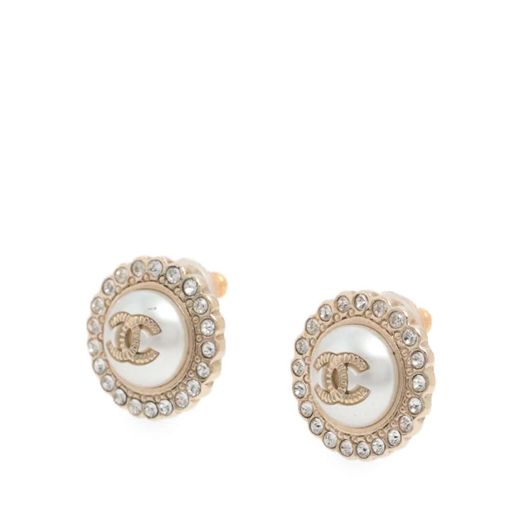 Chanel CC Gold Plated Faux Pearl Strass Bullet Back Earrings Gold Metal Very good - Back View
