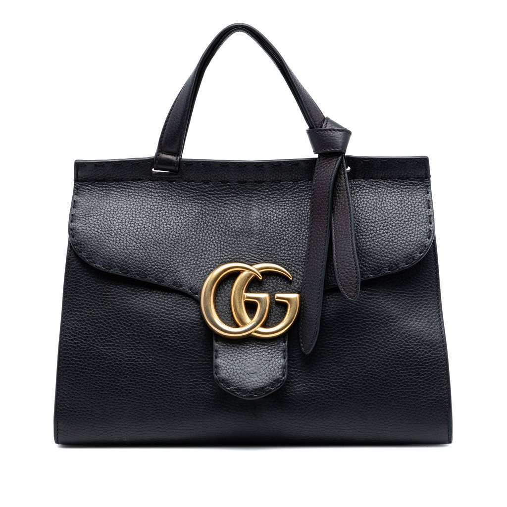 Gucci Small GG Marmont Grained Calfskin Top Handle Satchel Black Leather Very good - Front View