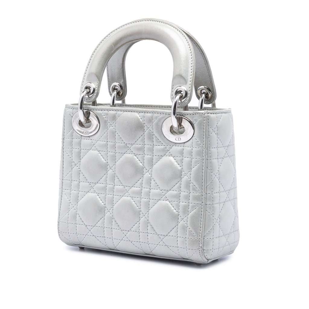 Dior Mini Iridescent Lambskin Cannage Lady Dior Silver Leather Very good condition - Back View