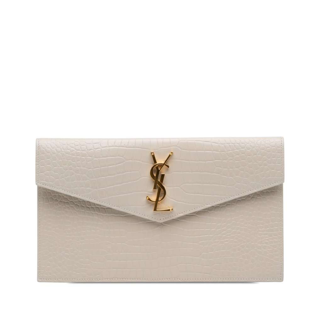 Saint Laurent Croc Embossed Leather Uptown Pouch Brown Leather Very good - Front View