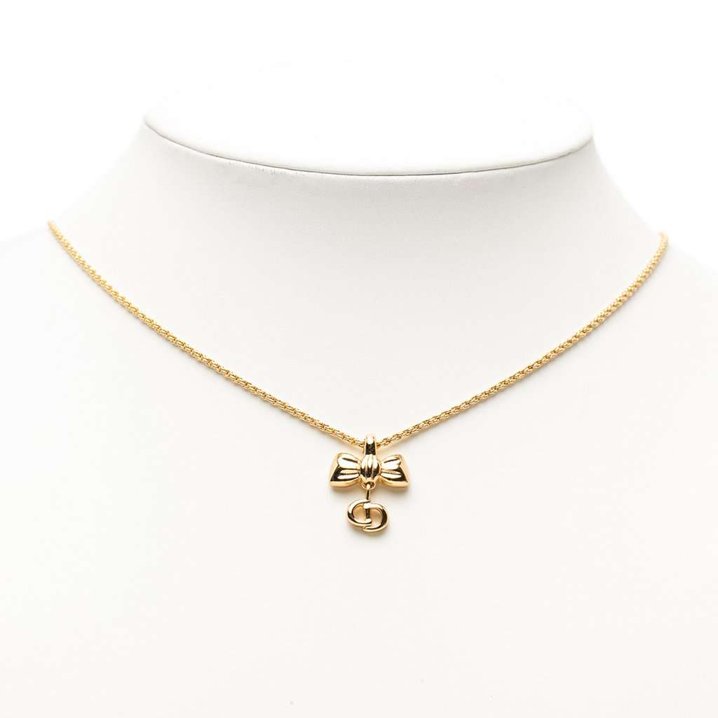 Dior Gold Plated Ribbon CD Logo Pendant Necklace Gold Metal Very good - Box View