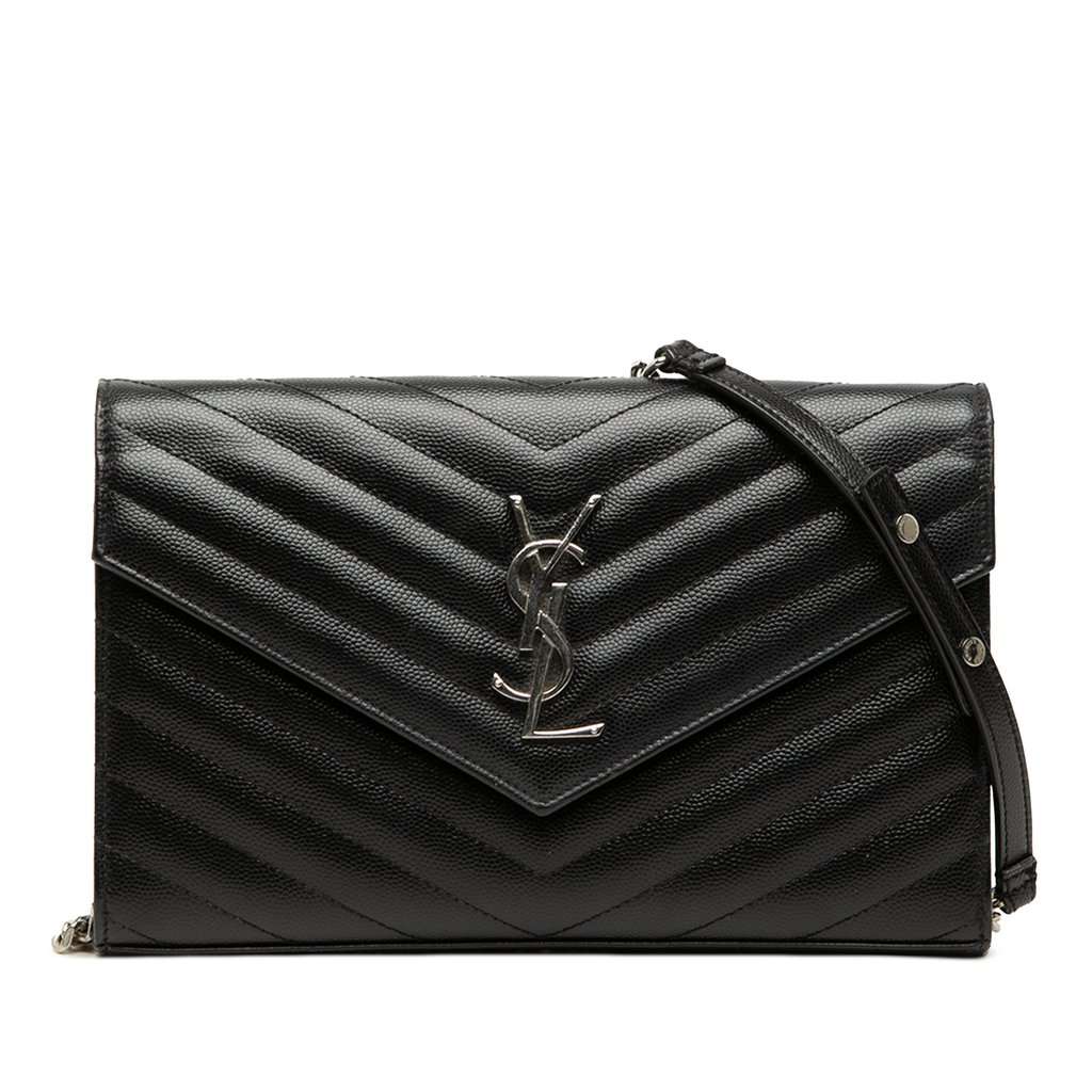 Saint Laurent Grain De Poudre Chevron Cassandre Envelope Chain Wallet Black Leather Very good - Front View