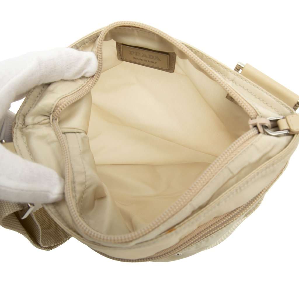 Prada Tessuto Zip Top Crossbody Beige Very good - Model View