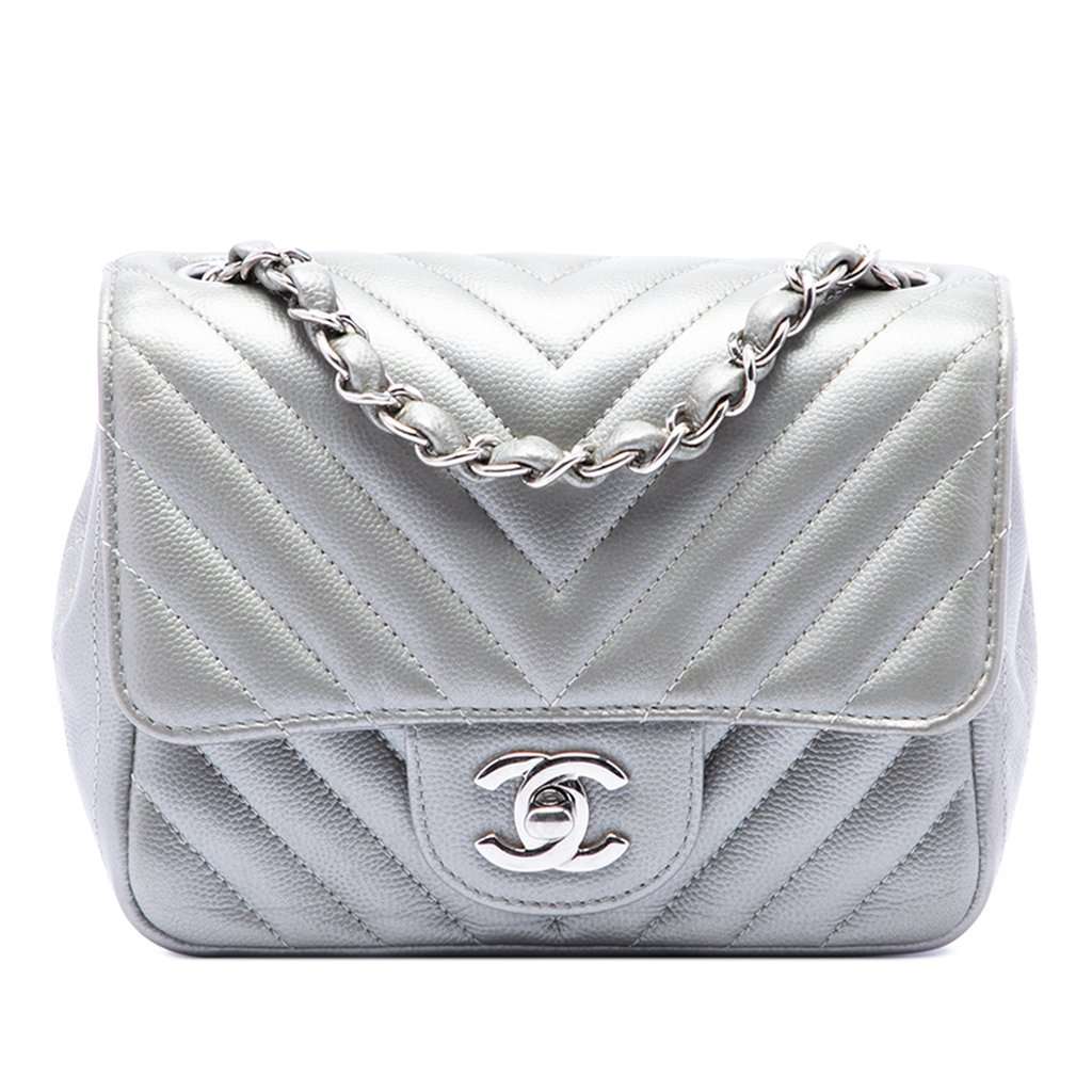 Chanel Mini Square Classic Chevron Caviar Single Flap Silver Leather Good condition - Front View