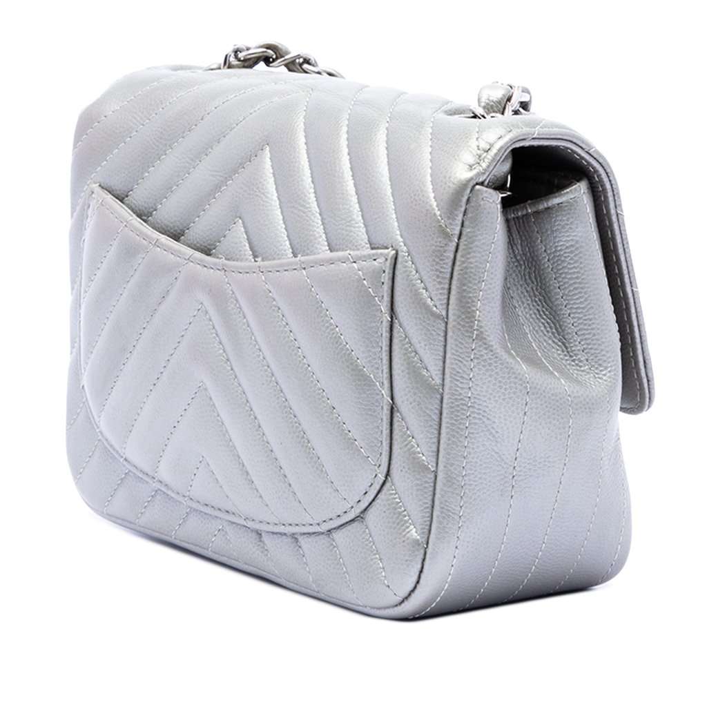 Chanel Mini Square Classic Chevron Caviar Single Flap Silver Leather Good condition - Back View