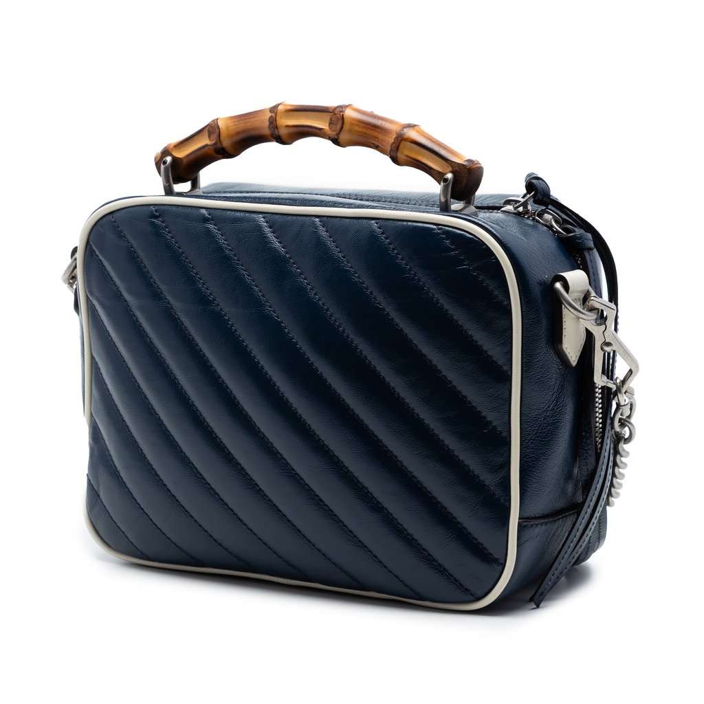Gucci Small GG Marmont Matelasse Diagonal Leather Torchon Bamboo Satchel Blue Leather Very good condition - Back View