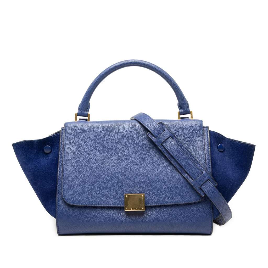 Celine Small Drummed Calfskin and Suede Trapeze Satchel Blue Leather Very good condition - Front View