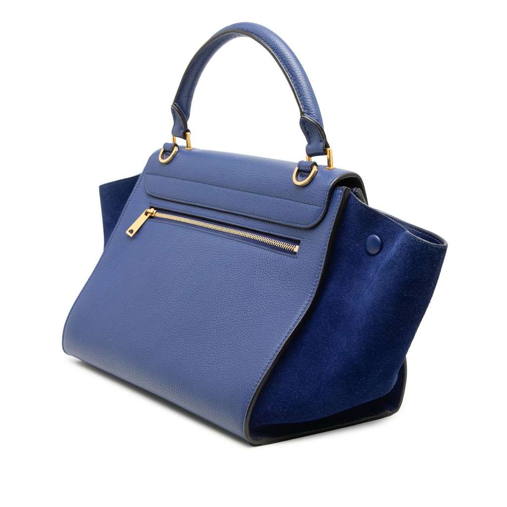 Celine Small Drummed Calfskin and Suede Trapeze Satchel Blue Leather Very good condition - Back View