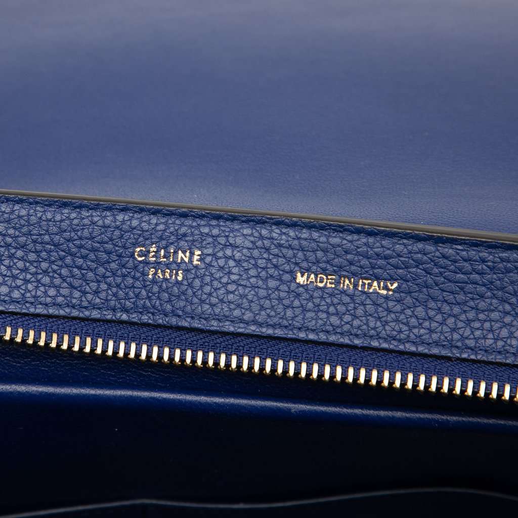 Celine Small Drummed Calfskin and Suede Trapeze Satchel Blue Leather Very good condition - Box View