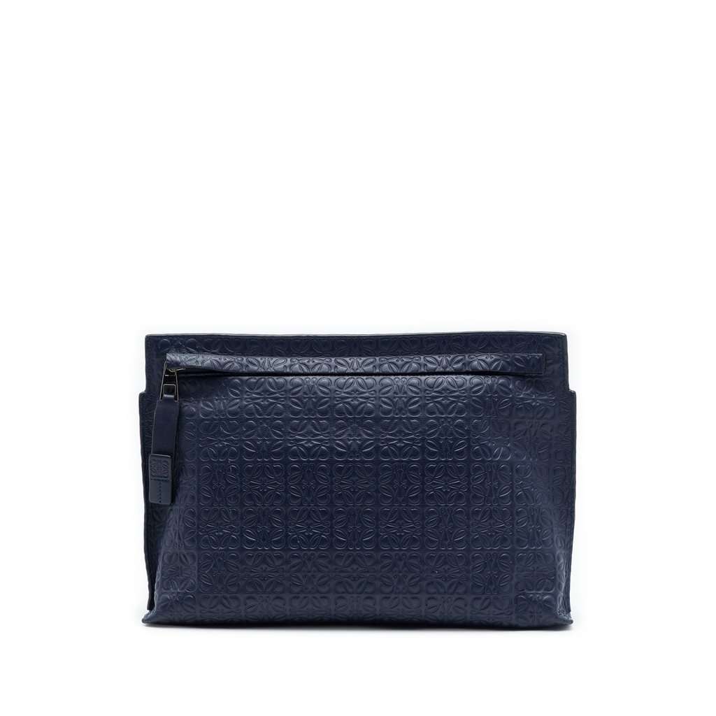 LOEWE Embossed Anagram Leather Repeat T Clutch Blue Leather Very good condition - Front View