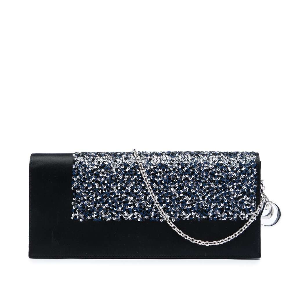 Dior Satin Sequin Clutch with Chain Black Very good - Front View
