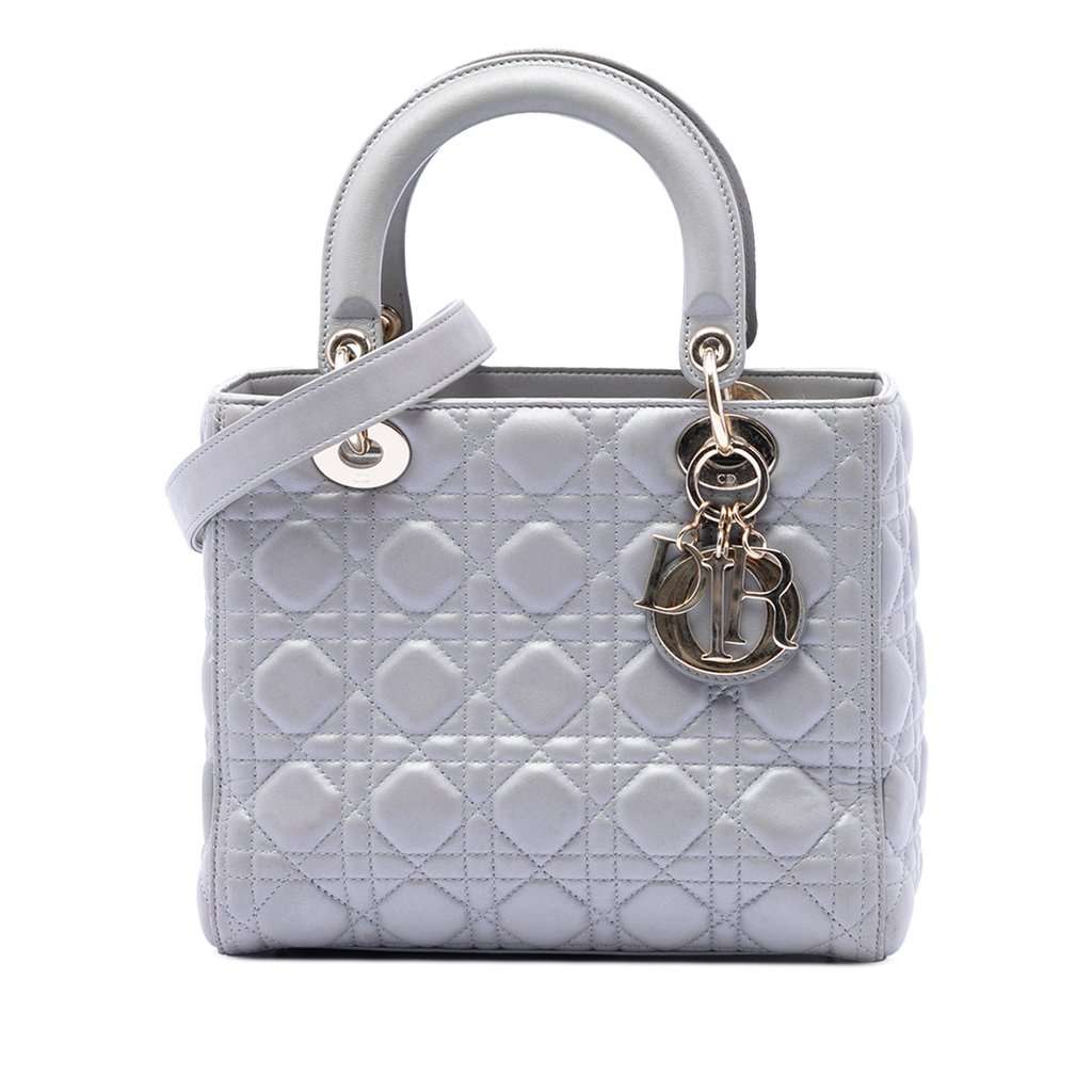 Dior Medium Pearlescent Lambskin Cannage Lady Dior Silver Leather Very good condition - Front View