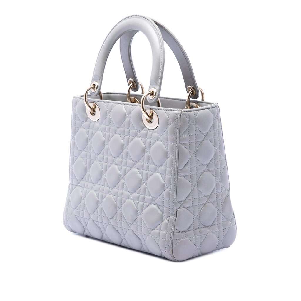 Dior Medium Pearlescent Lambskin Cannage Lady Dior Silver Leather Very good condition - Back View