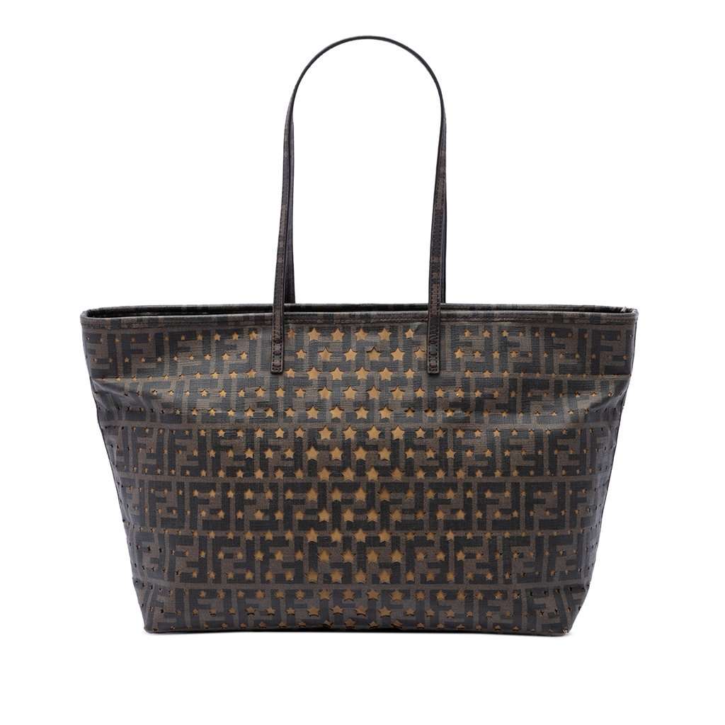 Fendi Medium Zucca Coated Canvas Laser Cut Star Roll Tote Brown Very good - Front View
