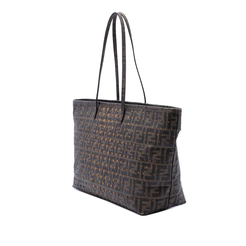 Fendi Medium Zucca Coated Canvas Laser Cut Star Roll Tote Brown Very good - Back View