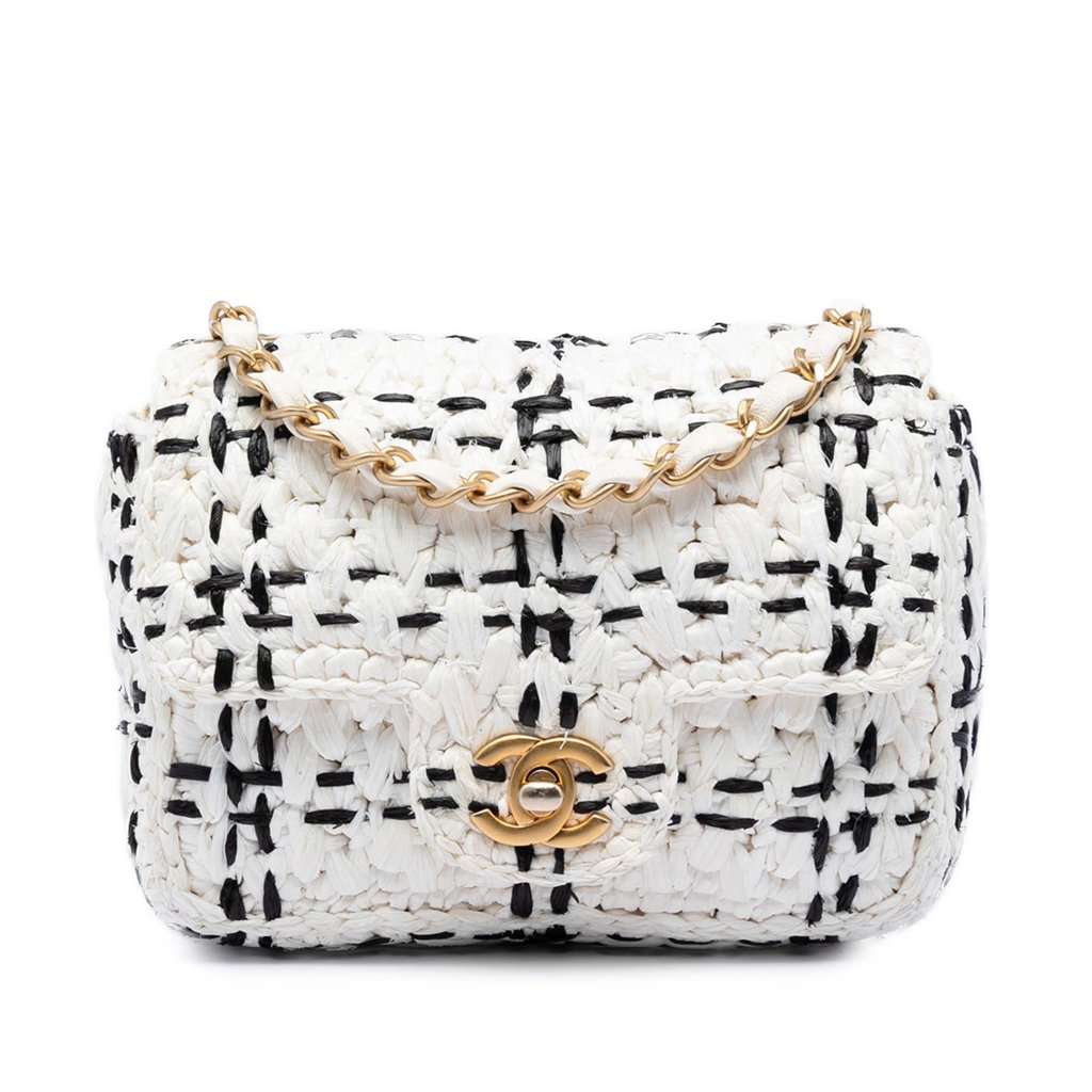 Chanel CC Mini Raffia Effect Tweed Flap White Very good condition - Front View