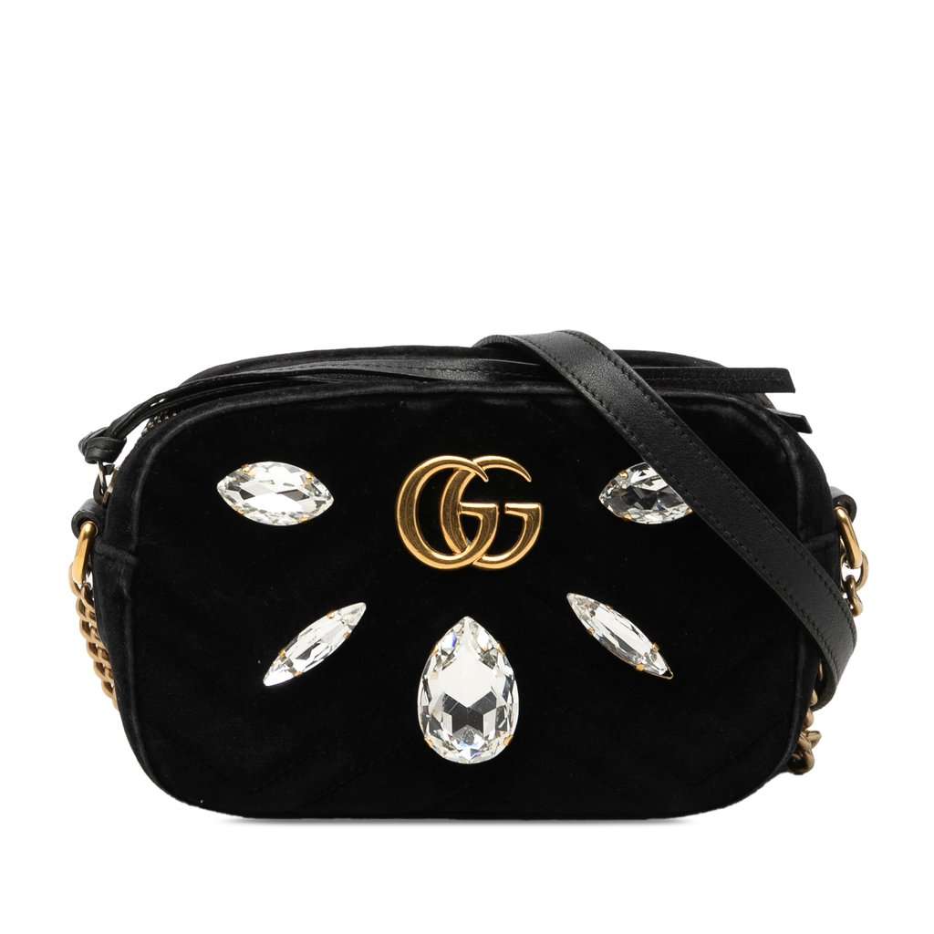Gucci Mini GG Marmont Crystal Embellished Matelasse Velvet Crossbody Black Very good condition - Front View