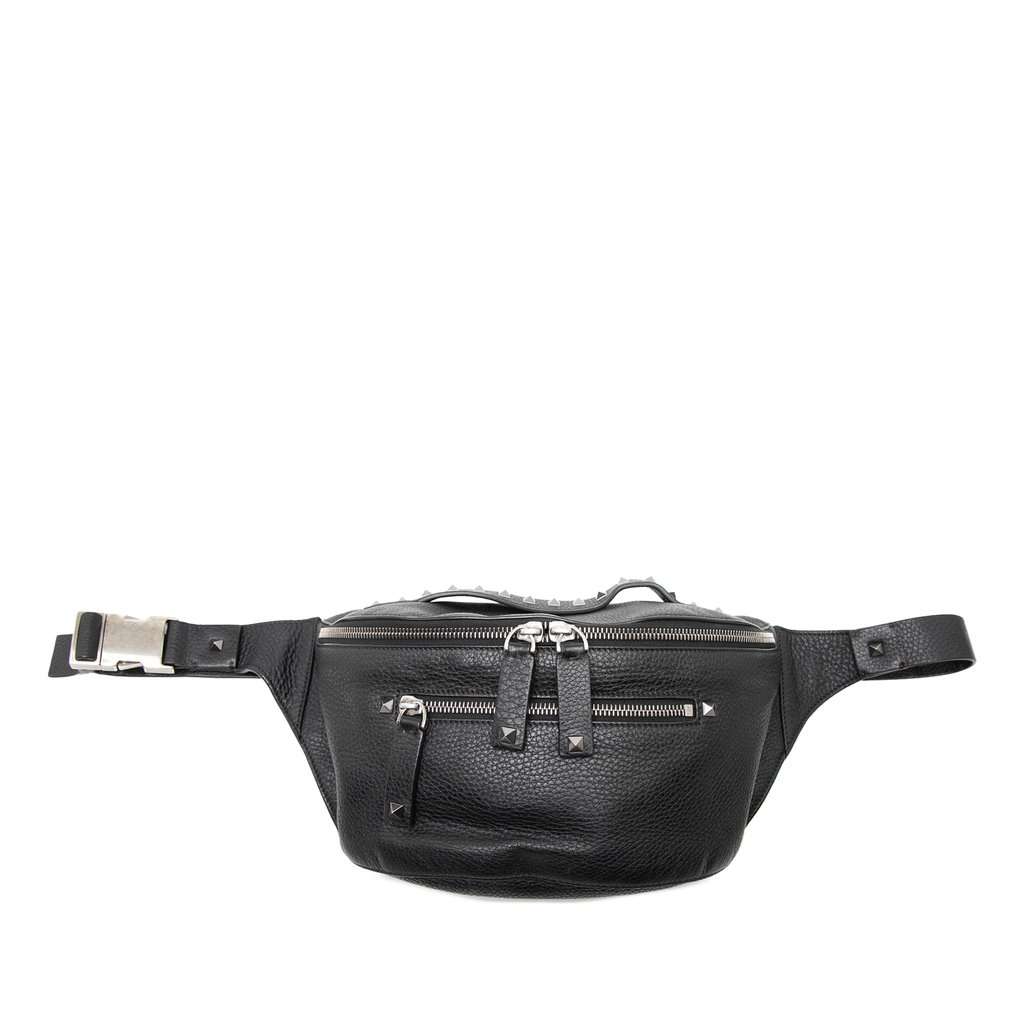Valentino Pebbled Calfskin Rockstud Belt Bag Black Leather Very good - Front View