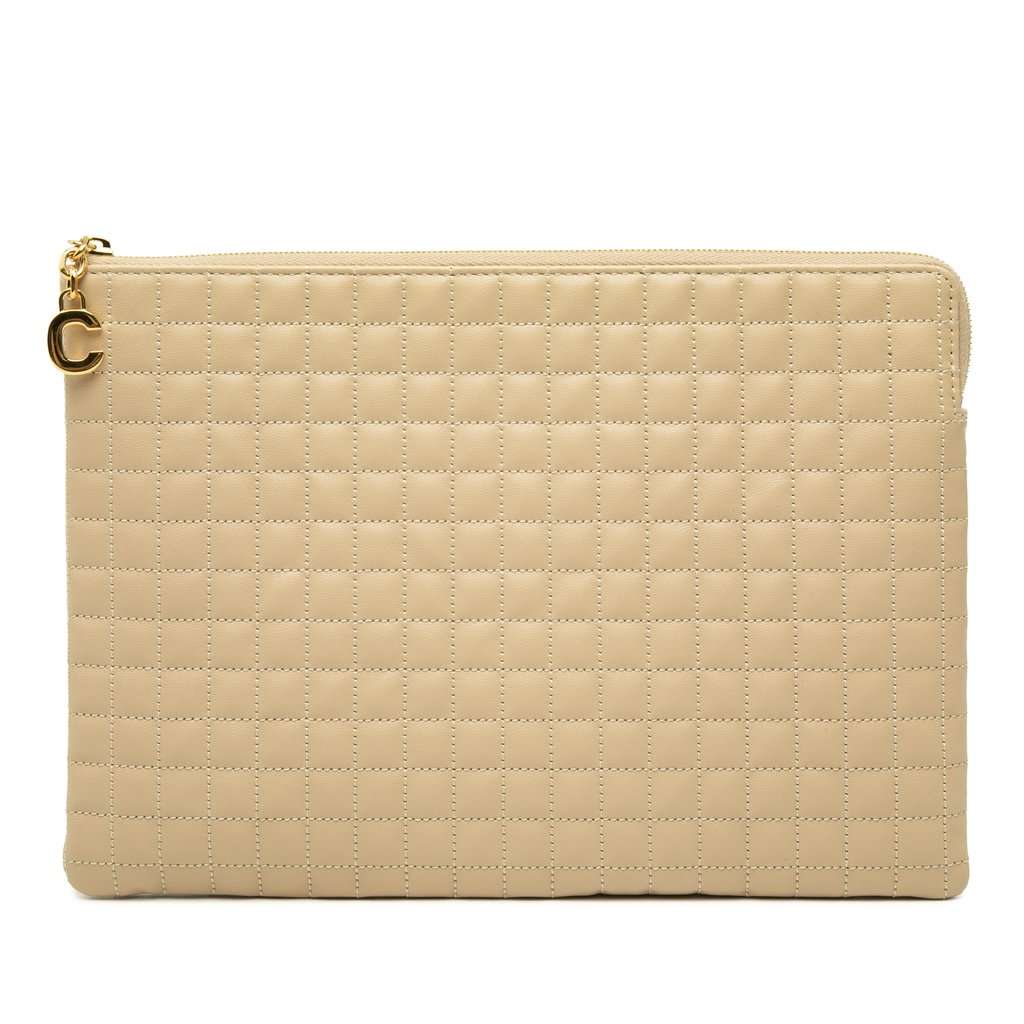 Celine Quilted Calfskin C Charm Clutch Beige Leather Very good condition - Front View