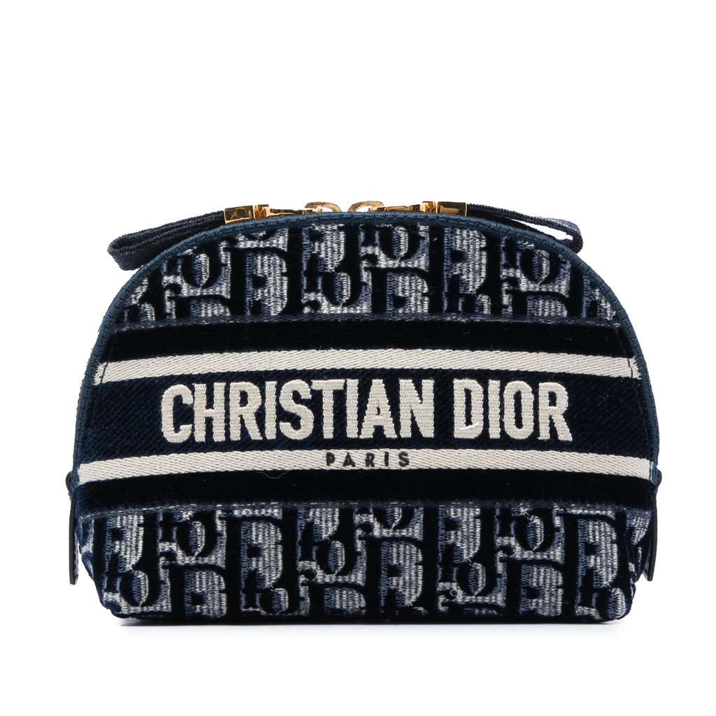 Dior Oblique Embroidered Velvet Cosmetic Pouch Blue Very good - Front View