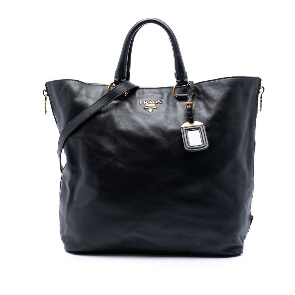 Prada Soft Calf Side Zip Open Convertible Tote Black Leather Very good condition - Front View