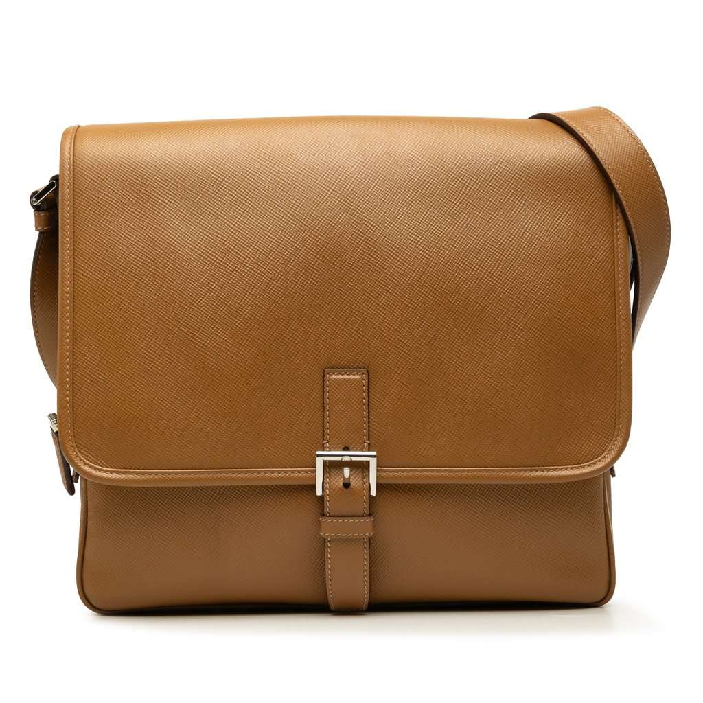 Prada Saffiano Buckle Messenger Bag Brown Leather Very good - Front View