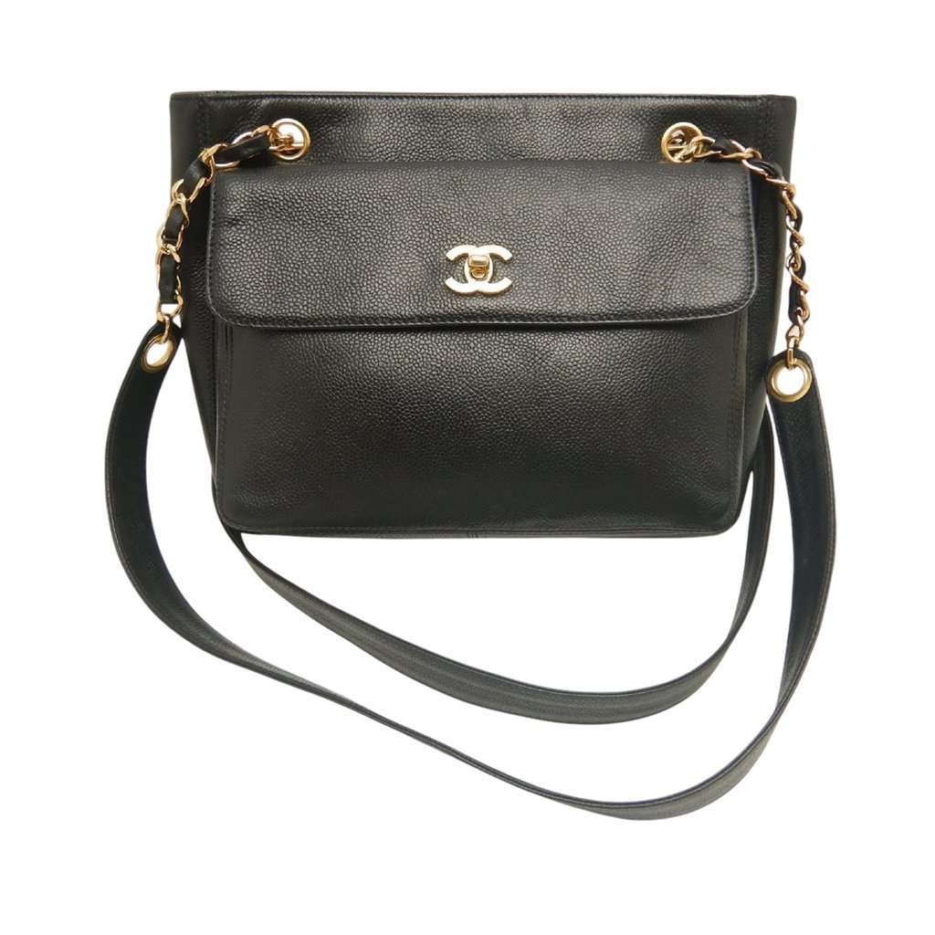 Chanel CC Caviar Front Pocket Chain Tote Black Leather Very good - Front View