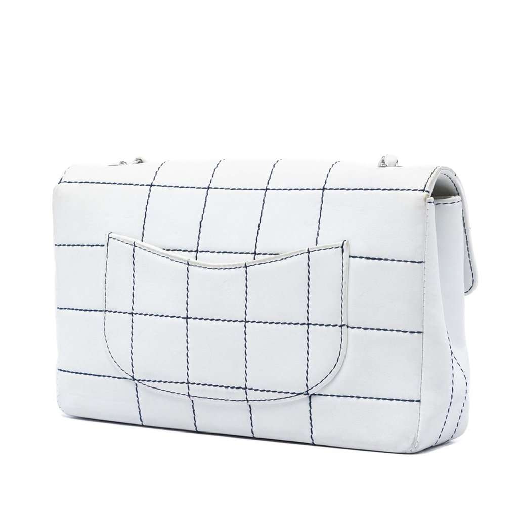 Chanel Medium Chocolate Bar Lambskin Stitched Flap White Leather Very good condition - Back View