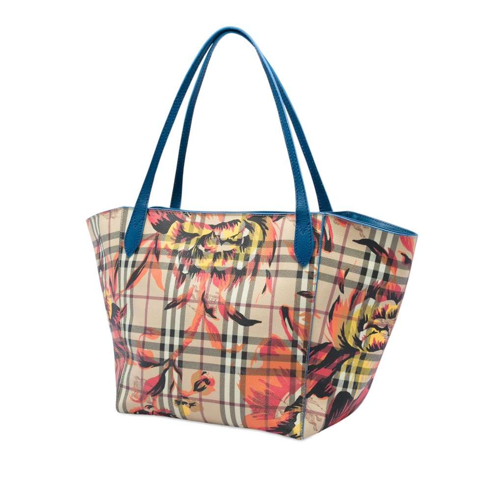 Burberry Small Haymarket Check Coated Canvas Floral Print Canterbury Tote Beige Very good - Back View
