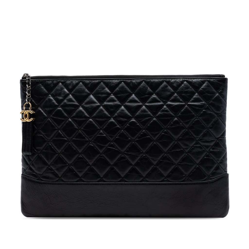 Chanel Large Aged Calfskin Gabrielle O Case Clutch Black Leather Very good condition - Front View