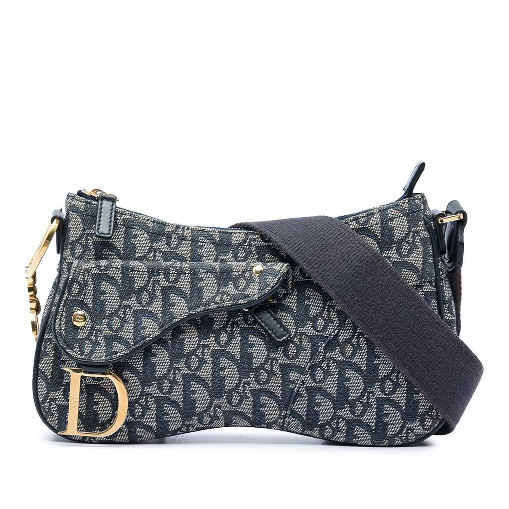 Dior Diorissimo Trotter Canvas Double Saddle Crossbody Blue Very good condition - Front View