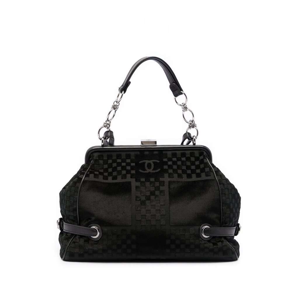 Chanel CC Check Embossed Velvet Belted Side Frame Bag Black Very good condition - Front View