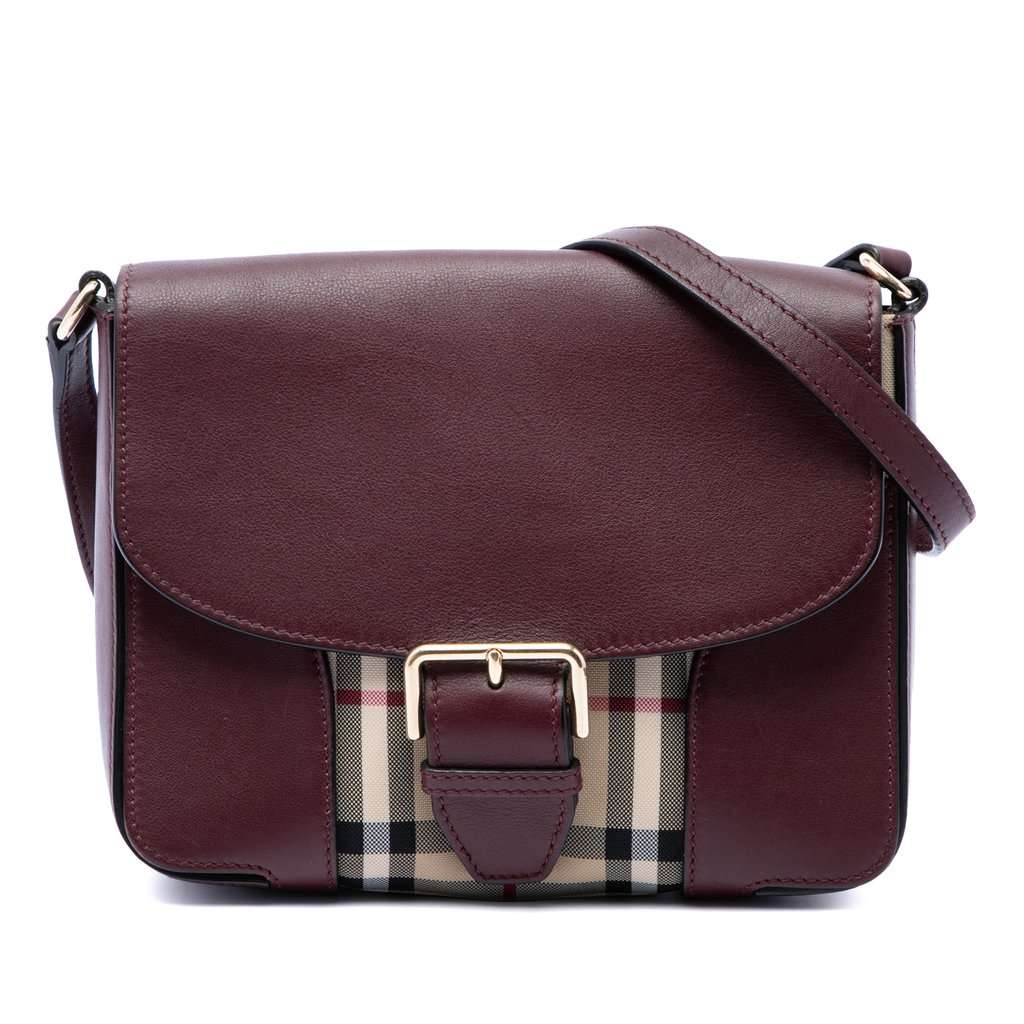 Burberry Small Haymarket Check Nylon and Leather Dickens Crossbody Red Leather Very good - Front View