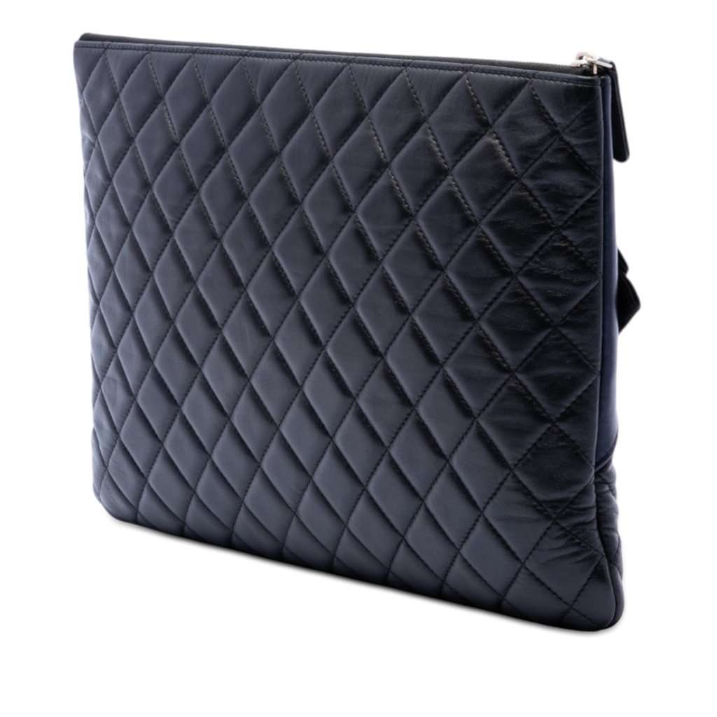 Chanel Large Quilted Lambskin Camellia O Case Clutch Black Leather Very good condition - Back View