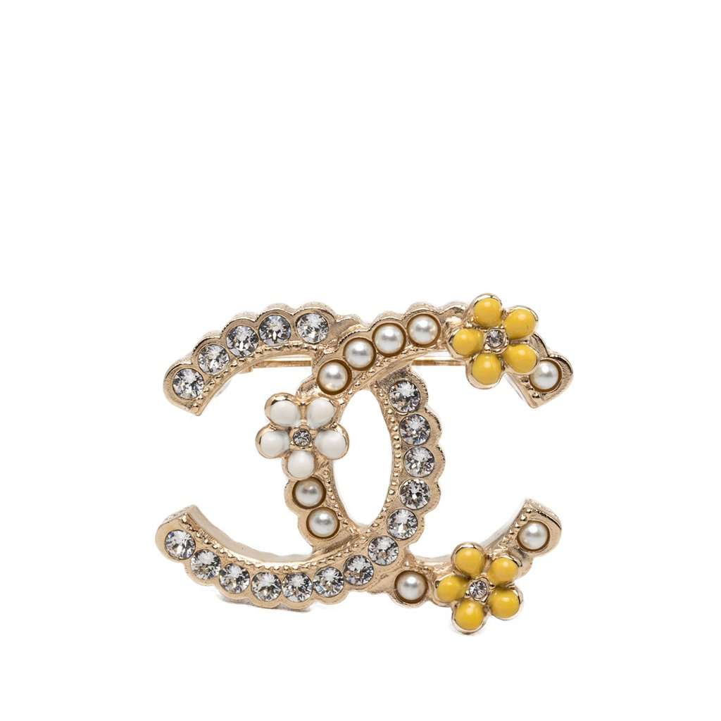 Chanel CC Gold Plated Strass Faux Pearl and Enamel Brooch Gold Metal Very good condition - Front View