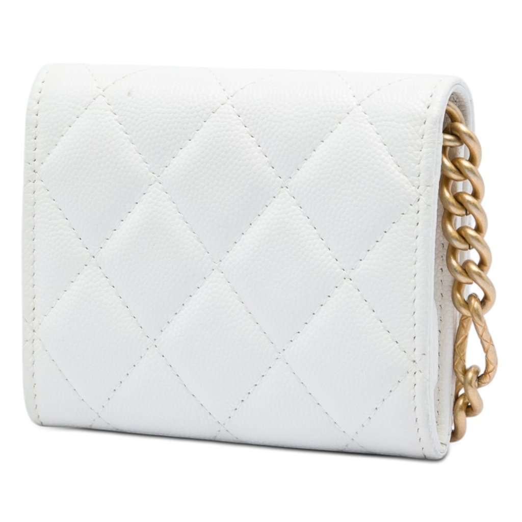 Chanel Quilted Caviar Card Holder on Chain White Leather Very good condition - Back View